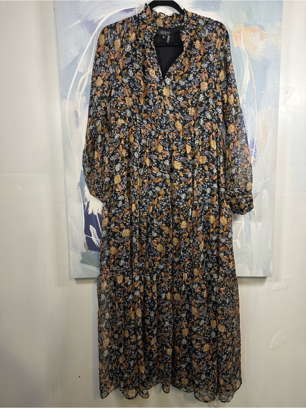 1.STATE Floral Tiered Maxi Dress M Ruffle Collar V Neck Long Sleeve Boho - Picture 2 of 11